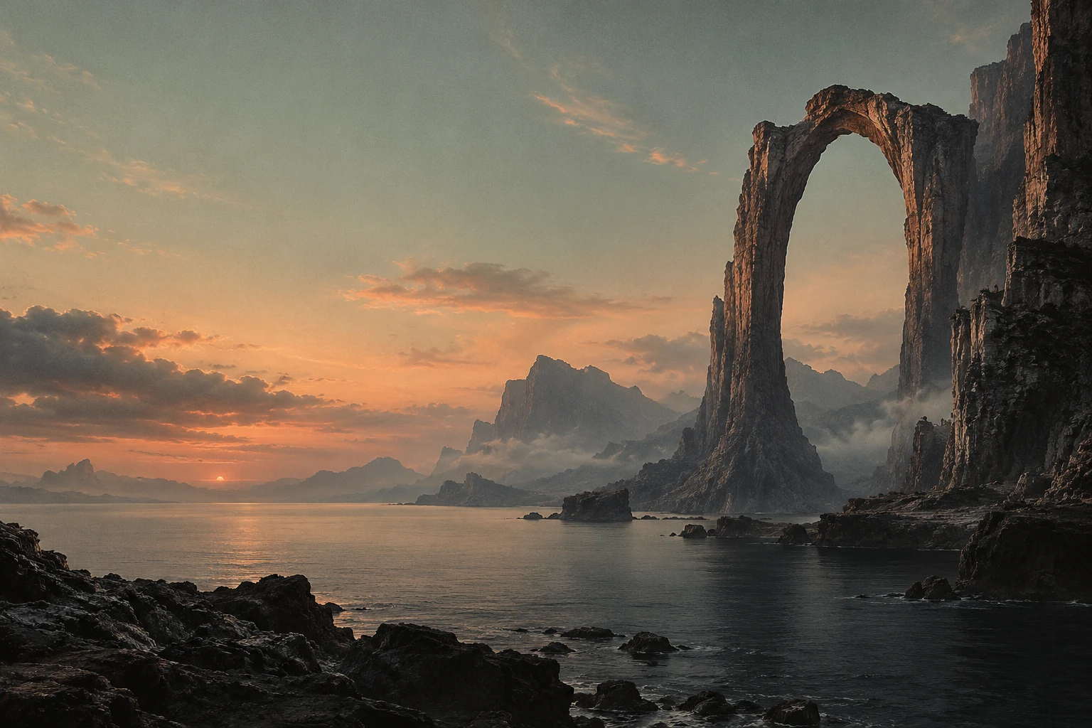 A monumental stone arch over a still sea at dusk