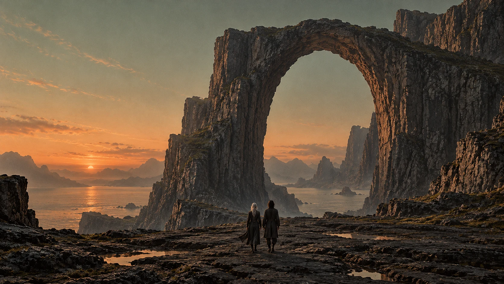 Skye and Arlen walking toward a colossal natural stone arch
