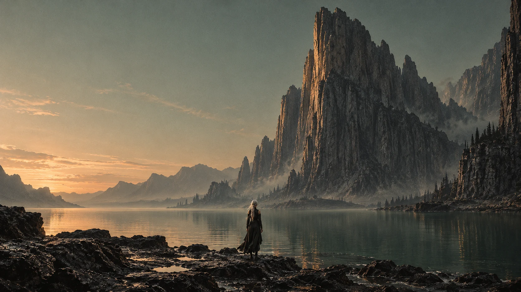 Skye before a monumental rock formation beside a jade lake