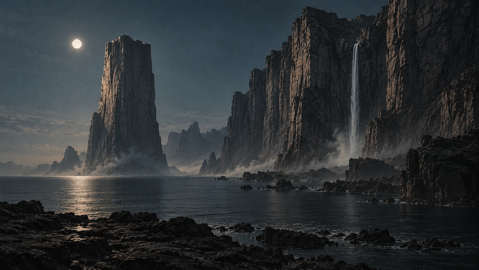 Moonlit monolith and angular cliffs above a dark sea